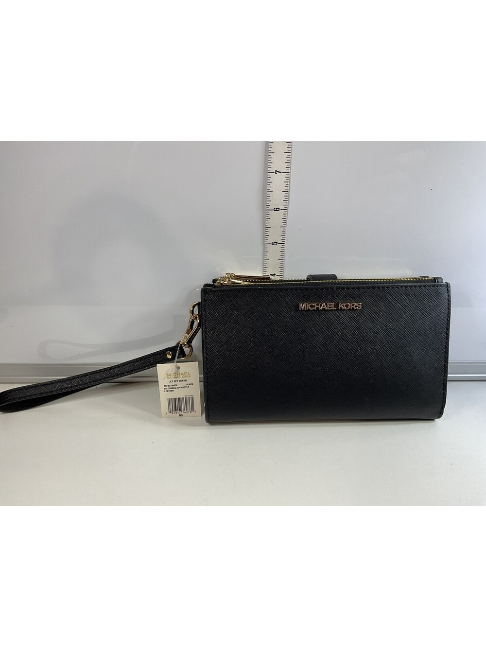 Michael Kors Jet Set Large Double Zip Wristlet Black Leather NWT
